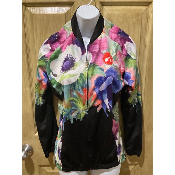 Weimostar Black Floral Long Sleeve Zip Up Cycling Jacket Back Pockets Size L - Picture 1 of 6